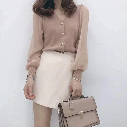 clothe Women's Spring Autumn Style Chiffon Blouses Shirt Women's Knitted Button Long Sleeve Solid Color Lace Patchwork Tops.