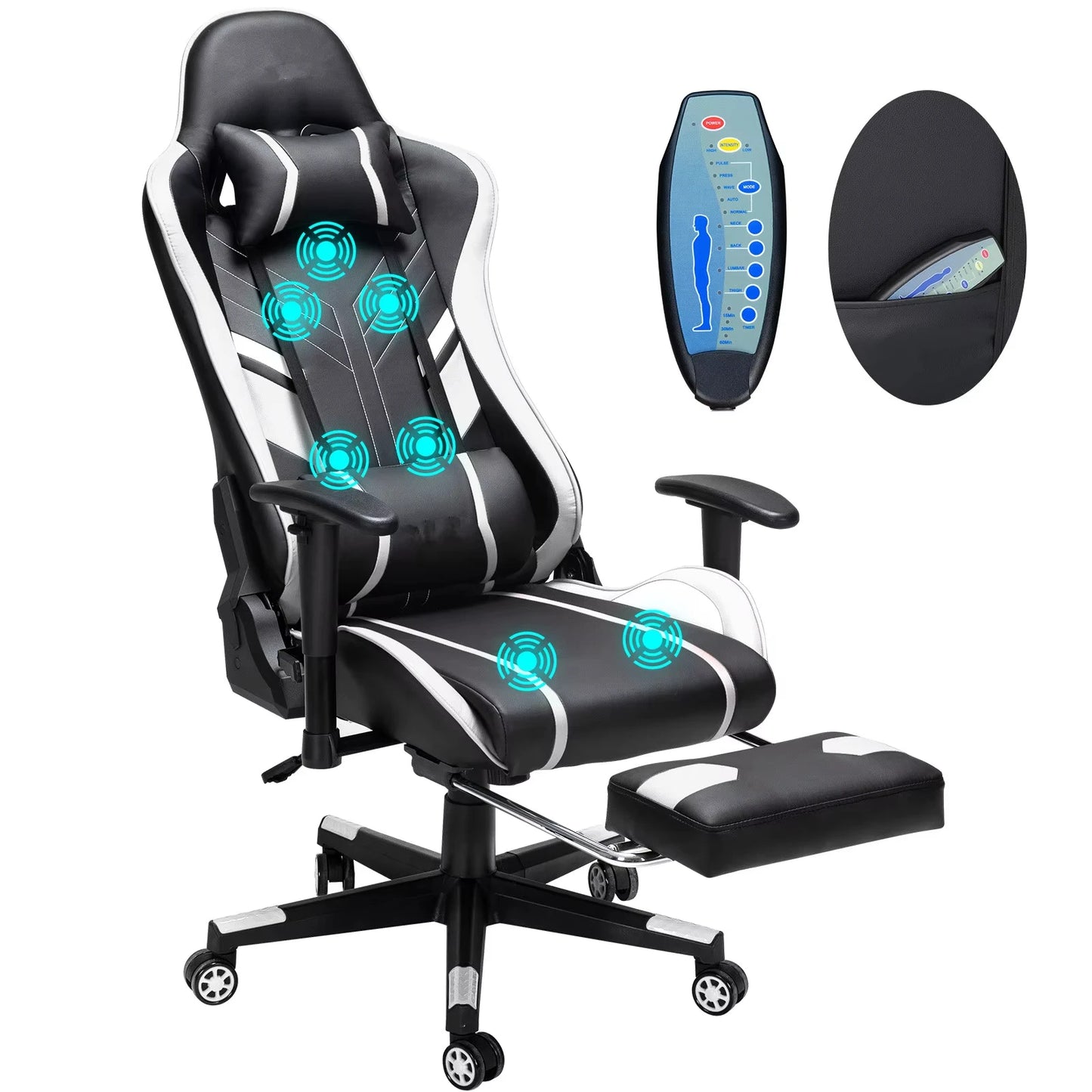 Massage-Gaming-Stuhl, 7-Punkt-Sitzhöhe, ergonomischer Bürostuhl mit Fußstütze und Lordosenstütze, GC-RC03 Stühle