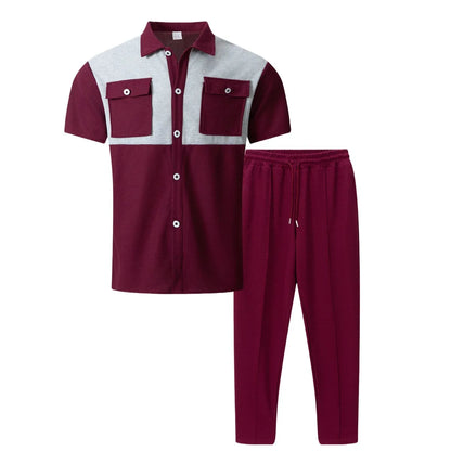 2025 Summer New Men Light Ripe Casual solid Color Button Pocket Fashion Waffle trend Shirt Short-Sleeved Trousers Two-piece Set.