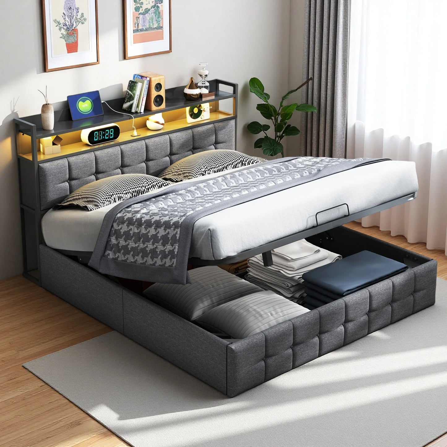 Rosahqnda Kissenbett, gepolstertes hydraulisches Bettgestell, graues Leinenkopfteil, Leinenstoff ohne Matratze