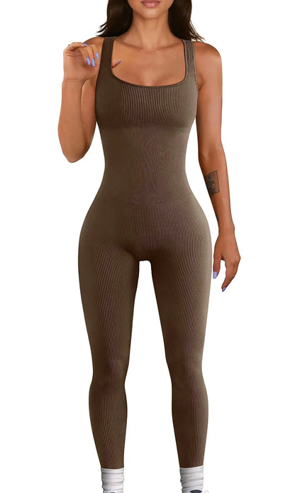 Women's jumpsuit yoga ribbed bodysuit seamless square neck leggings for sports and fitness.