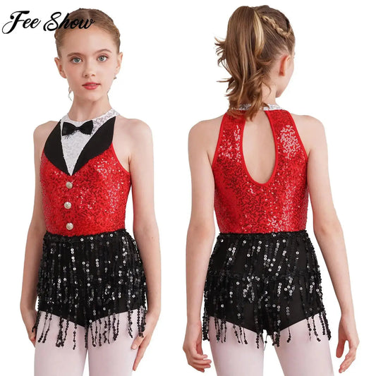 Kind Mädchen Ärmellose Glänzende Pailletten Quaste Boyshorts Kleid Latin Jazz Dance Cha-cha Samba Bühne Leistung Kostüm Dancewear