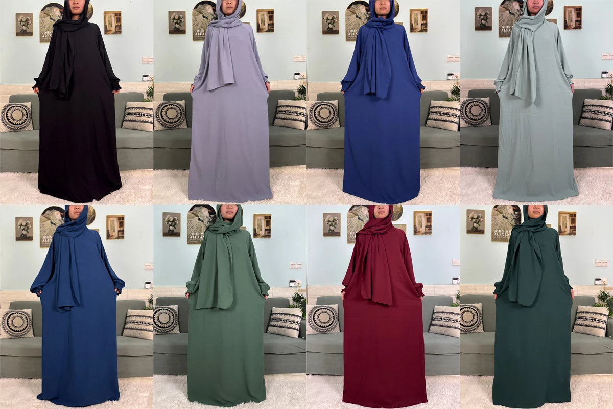 Muslim Abaya Ramadan 2025 For Women Pure Cotton Loose Prayer Femme Robe Elastic Cuffs African Dress With Connected Hijabs Scarf.