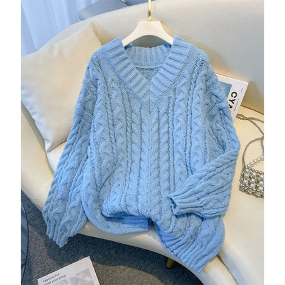 MEXZT Harajuku Pullover Frauen Mode Übergroßen Rosa V-ausschnitt Gestrickte Pullover Koreanische Langarm Strickwaren Winter Casual Jumper