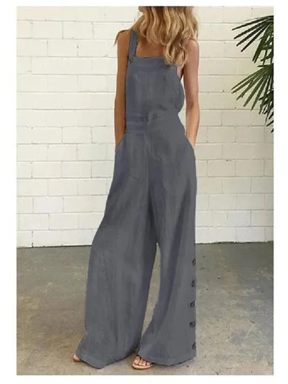 New 2021 Women's Solid Color Sleeveless Side Button Wide Leg Pocket Casual Jumpsuit Comfortable One-Piece Suiting Pants.