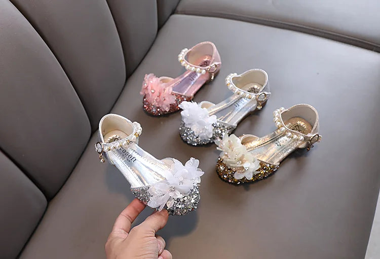 Fashion Children's Sandals 2024 Spring Summer Shining Flowers Sweet Girl Princess Shoes Dance Performance Kids Sandals J191.