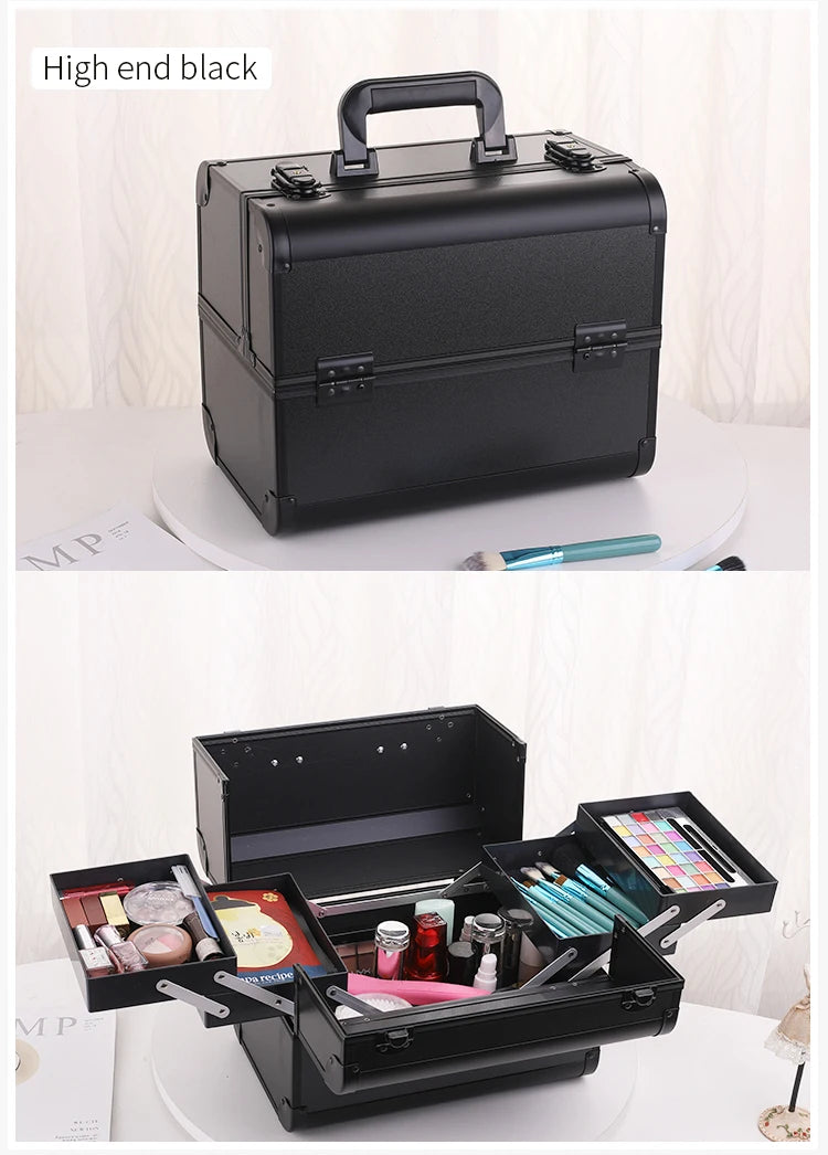 Makeup Train Case Pro Adjustable 4 Sliding Trays Cosmetic Case Storage Organizer Box Lockable Compartments.