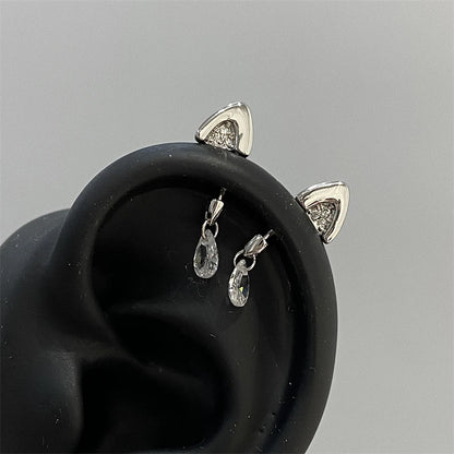 Silver Color Cat's Ear Droplet Shaped Zircon Stainless Steel Ear Bone Nail Earring for Women New Trendy Body Piercing Accessorie.