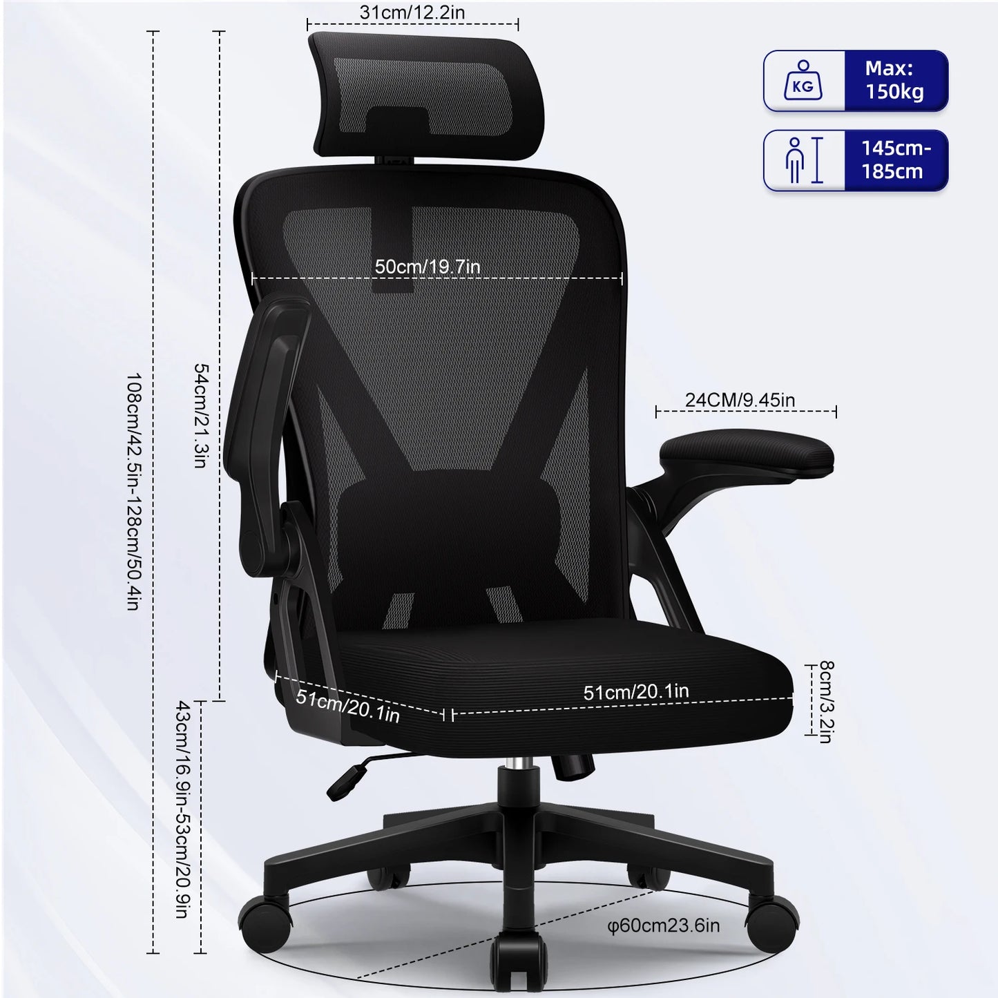Bürostuhl, ergonomisch, verstellbar, 90er ° -135 ° ,Schreibtischstuhl mit Lordosenstütze, Computerstuhl mit verstellbarer Kopfstütze, Wohnzimmerstühle