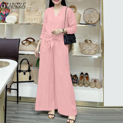 2025 ZANZEA Autumn Outfits 2PCS Women Work Matching Sets Fashion Spring Long Sleeve Blouse Pant Sets Casual Solid OL Tracksuits.