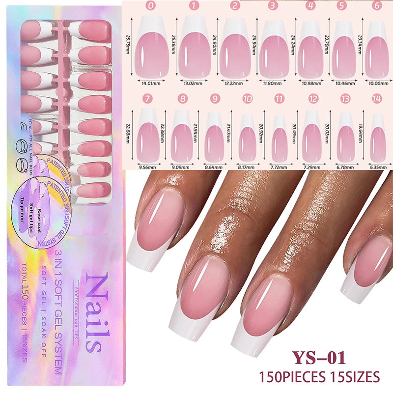 150Pcs/Box Acrylic Press on Nails Full Cover Fake False Tips Soft Gel Extension T-shaped Oval Capsule Almond Sculpted Salon DIY