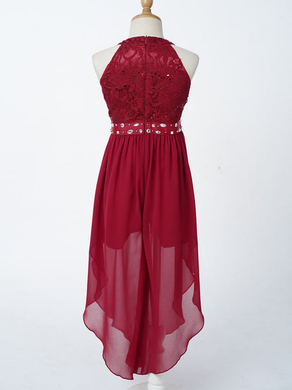 Sommer Mädchen Ärmellosen Chiffon Maxi Kleid Shiny Perlen Spitze Gebaut-in Shorts Party Kleid für Hochzeit Geburtstag Dance Leistung
