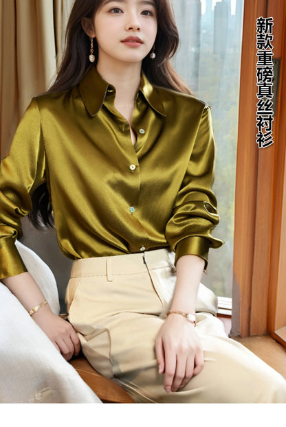 High Quality Silkly Satin Women's Shirt Office Ladies Long Sleeve Blouses Polo Neck Gold shirt Button Luxury Casual women tops.