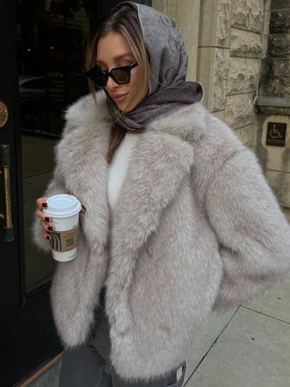 HH2025, Vintage Frauen Abgeschnitten Faux Pelz Jacke Lange Hülse Drehen-unten Kragen Weibliche Plüsch Wolle Mäntel Chic Dame pelz Oberbekleidung