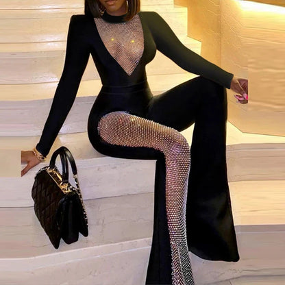 Ladies Slim Flare Pants Rompers Fashion Print Clothes Sexy One-pieces Women Jumpsuit Elegant Glitter Hollow Mesh Party Bodysuits.
