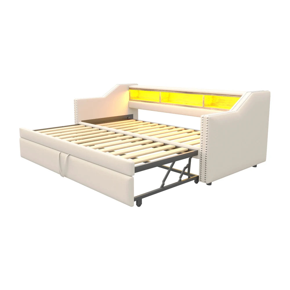 Ausziehbares Schlafsofa 90/180 x 190 cm, multifunktionales Aufbewahrungsfach, LED-Licht und USB-Buchse, mit Gitter, Dunkelgrau