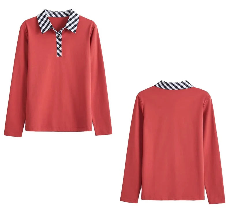 European station lapel long sleeved t-shirt women's new high-end fashion light luxury casual plus size spring and autumn top.