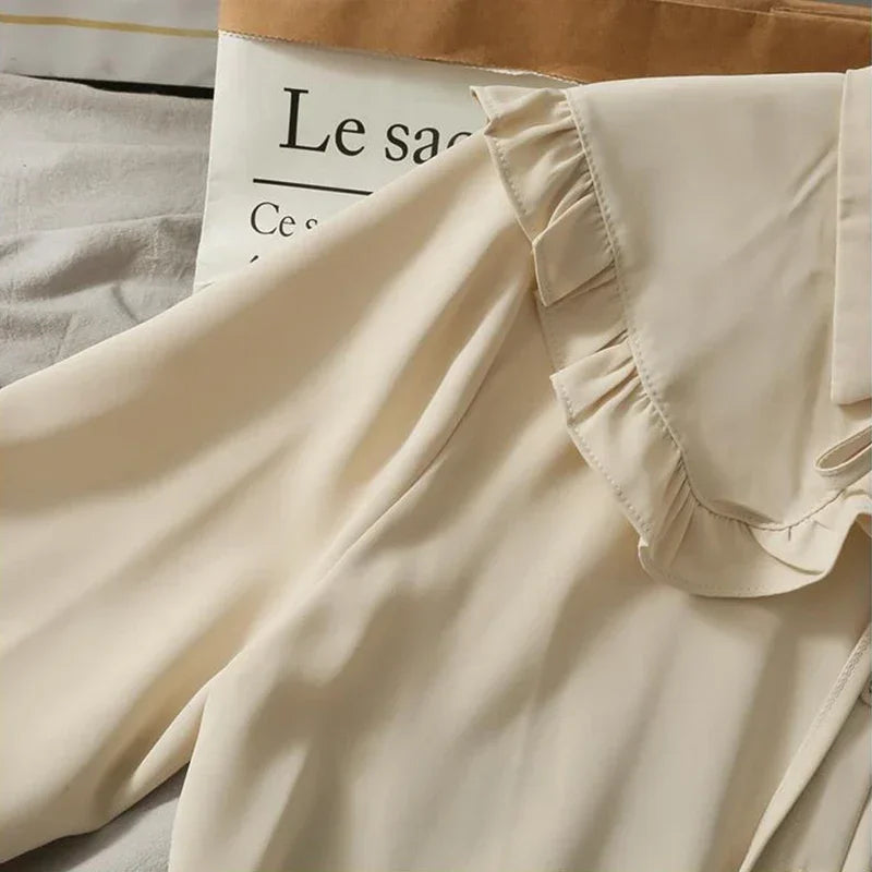 Spring Vintage Women Chiffon Shirts Korean Fashion Lace Up Loose Blouses Y2K Elegant Office Ladies Long Sleeve Outwear Tops New.