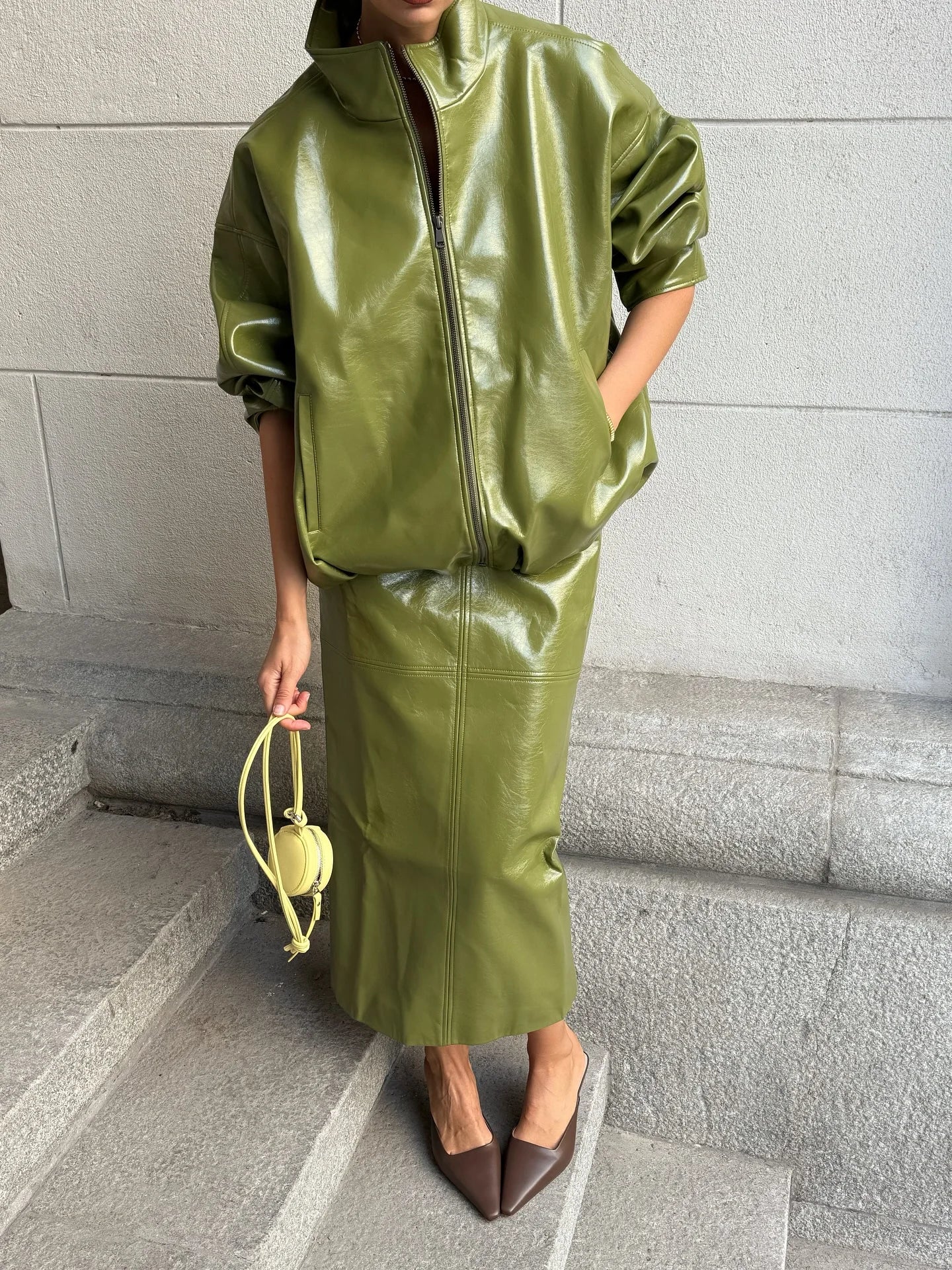 Chic Stand Collar Leather Long Skirt Sets Women Long Sleeve Jackets Spliced Solid Skirts 2025 Autumn Lady Y2k Outfits dress