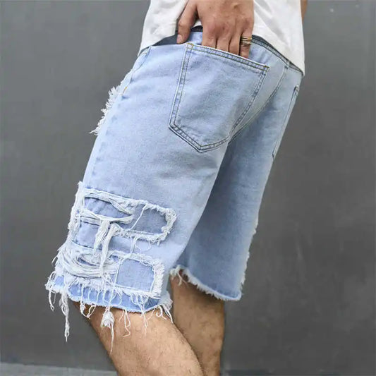 Denim Hole Knee Length Men Washed Jean Mid Waist Spliced Ripped Pockets Loose Fit Distressed Straight Pants 2024 Casual.