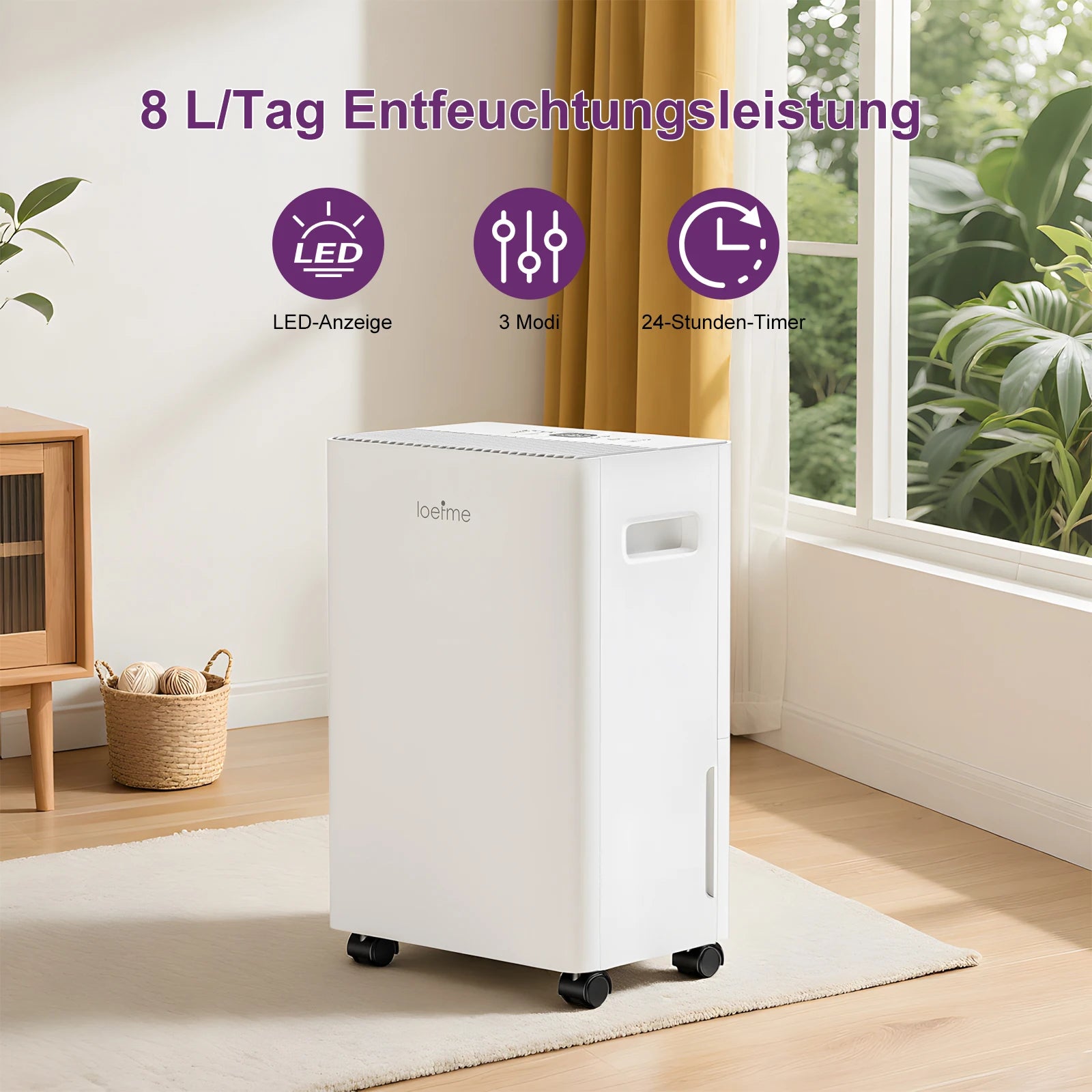 LOEFME Electric Dehumidifier 8 L/Day 40 dB Quiet for 30 m² Room with 1.5L Tank and LED Display 3 Mode Portable Room Dehumidifier.