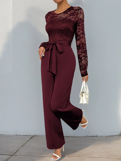 Spring New Women's Sexy Lace Spliced Long Jumpsuit Fashion Solid Color Hollow Long Sleeve Casual Laces Wide Leg Jumpsuit Women