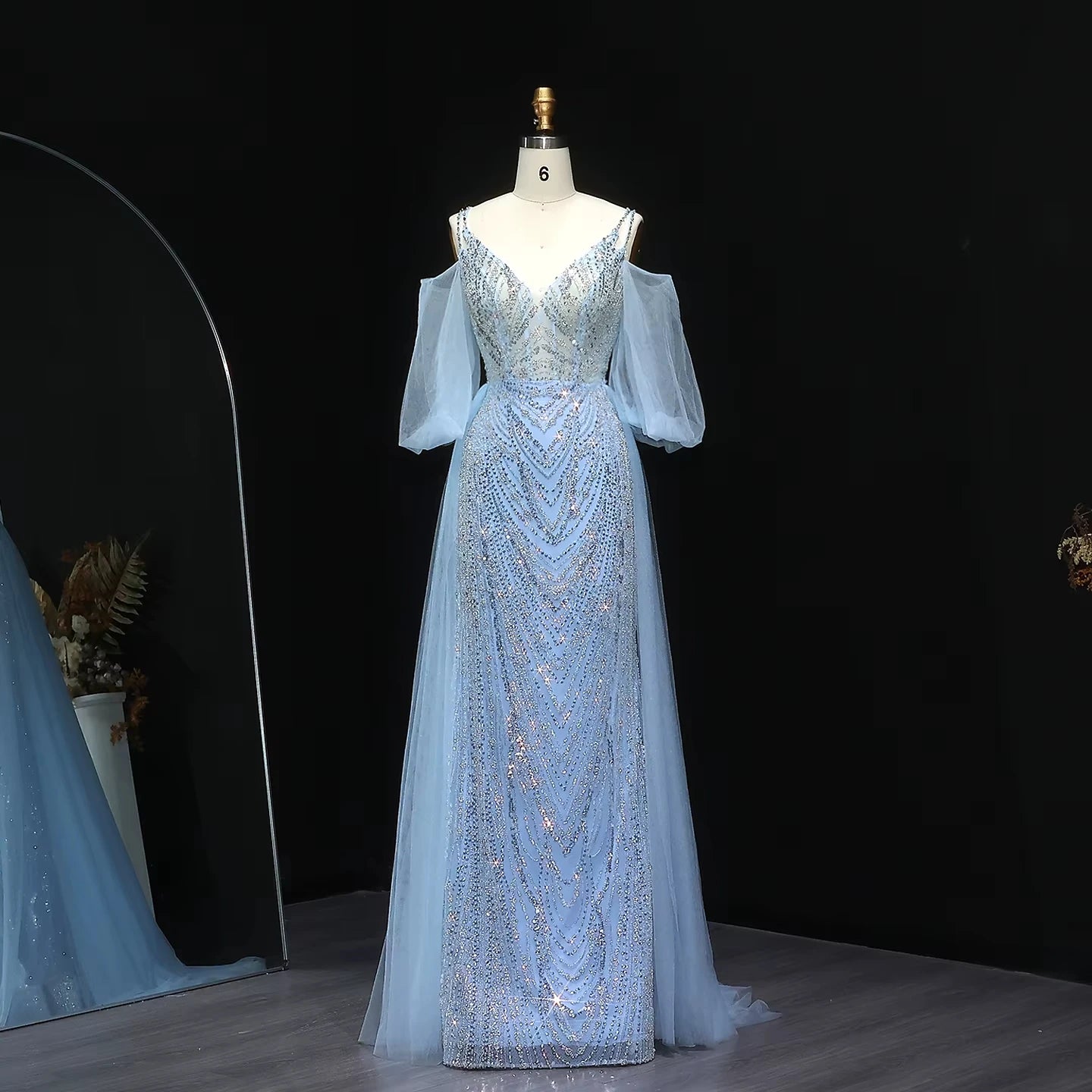 Jancember LSZ053 Elegant V-neck Sequins Mermaid Evening Dresses with Flowing Sleeve.