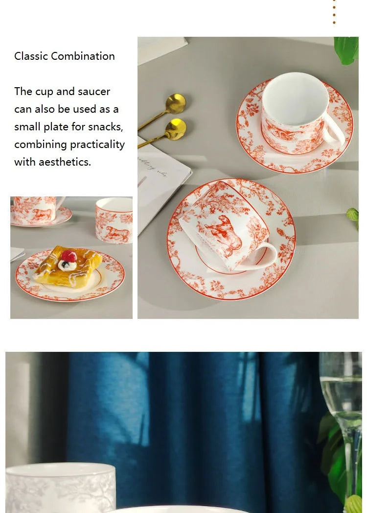 Red, Blue, Gray Tiger Series  Animal Images Bone Porcelain Coffee Cup Plate European Afternoon Tea Cup and Saucer Set Gift Box.