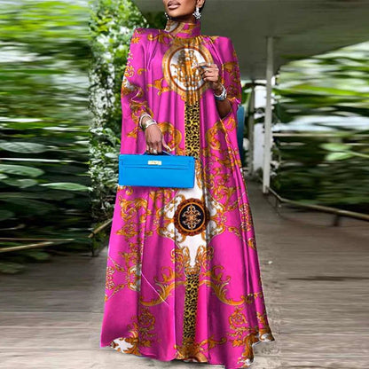 Plus Size 5XL VONDA Women Party Sundress Bohemian Stand Collar Sleeveless Print Maxi Dress Casual Bat Sleeve Satin Long Vestidos.