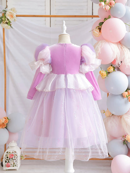 Wunderschönes Mädchenkleid, Puffärmel + lange Ärmel, Netzbedeckung, geeignet für Tänze, Partys, Auftritte, Host-Verkleidung
