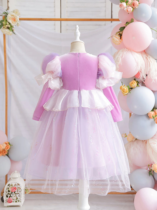 Wunderschönes Mädchenkleid, Puffärmel + lange Ärmel, Netzbedeckung, geeignet für Tänze, Partys, Auftritte, Host-Verkleidung