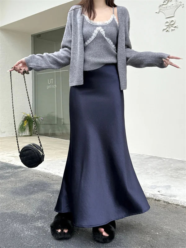 High Waist Women's Fleece-Lined Thickened Elegant Long Skirt Satin Mermaid Skirt Elegant Drapey Bodycon Skirt For Autumn Winter.