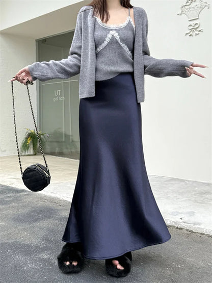 High Waist Women's Fleece-Lined Thickened Elegant Long Skirt Satin Mermaid Skirt Elegant Drapey Bodycon Skirt For Autumn Winter.