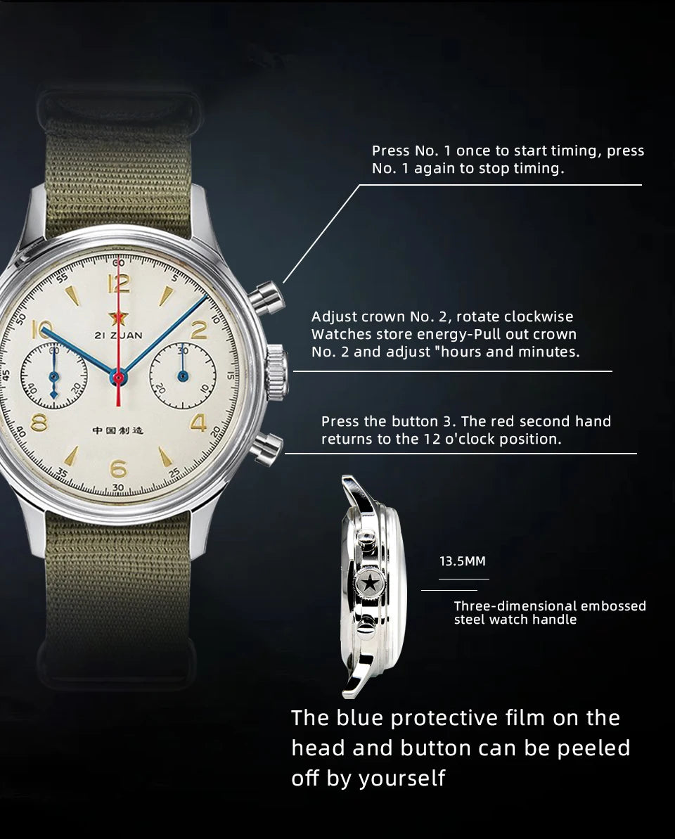 RED STAR 38mm Men's 1963 Chronograph Mechanical Watch Pilot with Seagull Movement ST1901 Air Force Aviation Sapphire Goose 40mm.