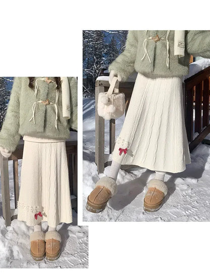 Clothes for Women Autumn Winter Japanese Style Kawaii Sweet Chic Knitted Skirts Female High Waist Solid Loose A-line Midi Skirt
