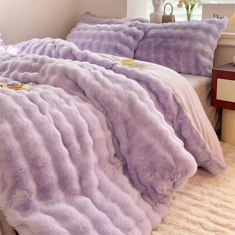 Luxury Faux Rabbit Fur Velvet Fleece Plush Soft Warm Bedding Set Super Comfortable Duvet Cover Set Blanket Bed Sheet Pillowcases