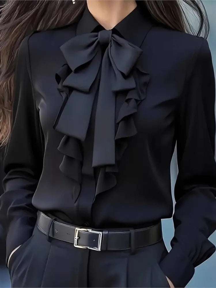 Autumn Solid Lace-up Bow Ruffled Shirt For Women Fashion Elegant Button Long Sleeve Casual Womens Tops And Blouses Women Clothes.