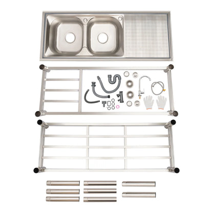 Freistehende Edelstahl Doppels ch üssel gewerbliche Küchen spüle Set mit Wasserhahn Abtropffläche mit/Werkbank & Doppel regale