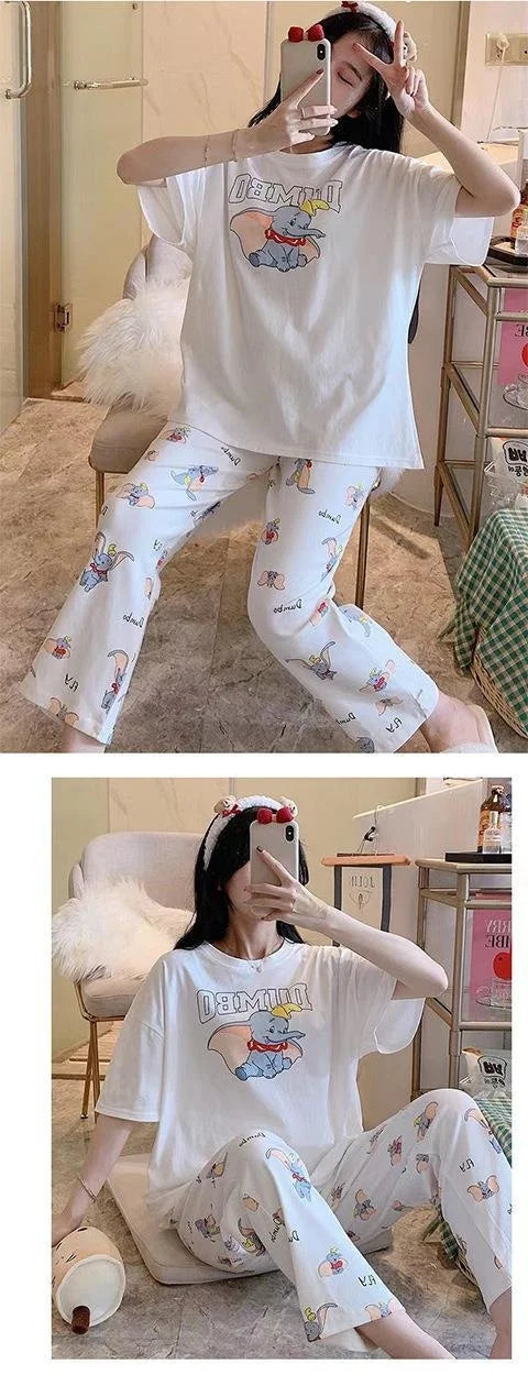 Sommer Pooh Bär Nachtwäsche frauen Lose Bequeme Cartoon Print Hause Kleidung Set Kurzarm Nachthemd Mickey Pyjama Set.