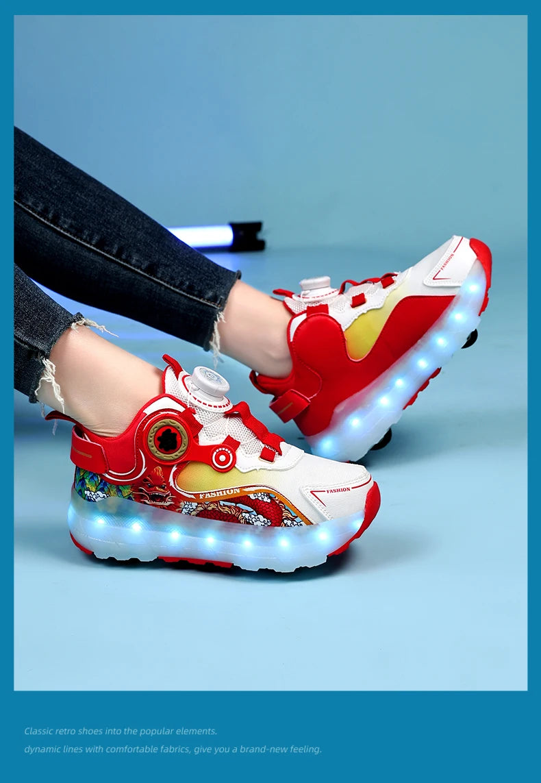Children Four Wheels Luminous Glowing Sneakers Black Pink Led Light Roller Skate Shoes Kids Led Shoes Boys Girls USB Charging.