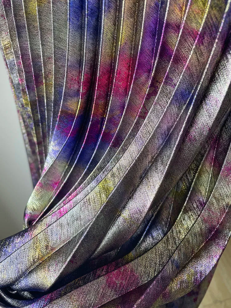 Shiny Colorful Luxury High Waist Metallic Pleated Midi Skirt 2025 Fashion Trends Elastic Waistband Pleated Skirt Old Money Style.