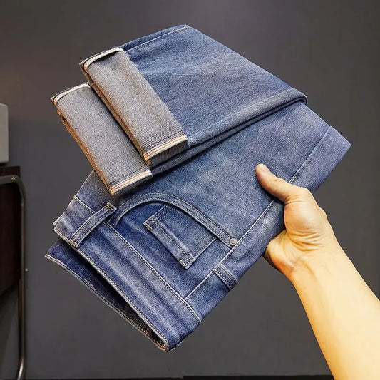 Men's Slim Straight Jeans Fashion Korean winter and Autumn Trousers Comfortable Elastic Blue Fitted Business Casual Denim Pants.
