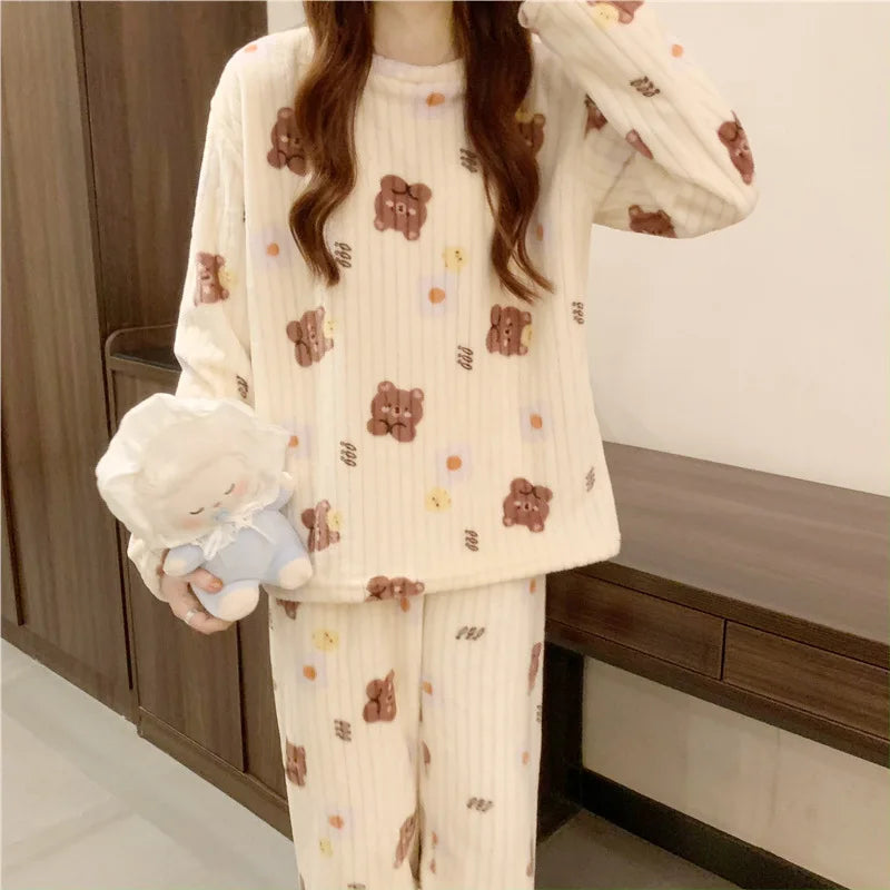 Winter-Damen-Pyjama-Homewear-Anzug, neues warmes Set aus Korallen-Fleece für Herbst und Winter, bequemer warmer Pyjama-Homewear-Anzug