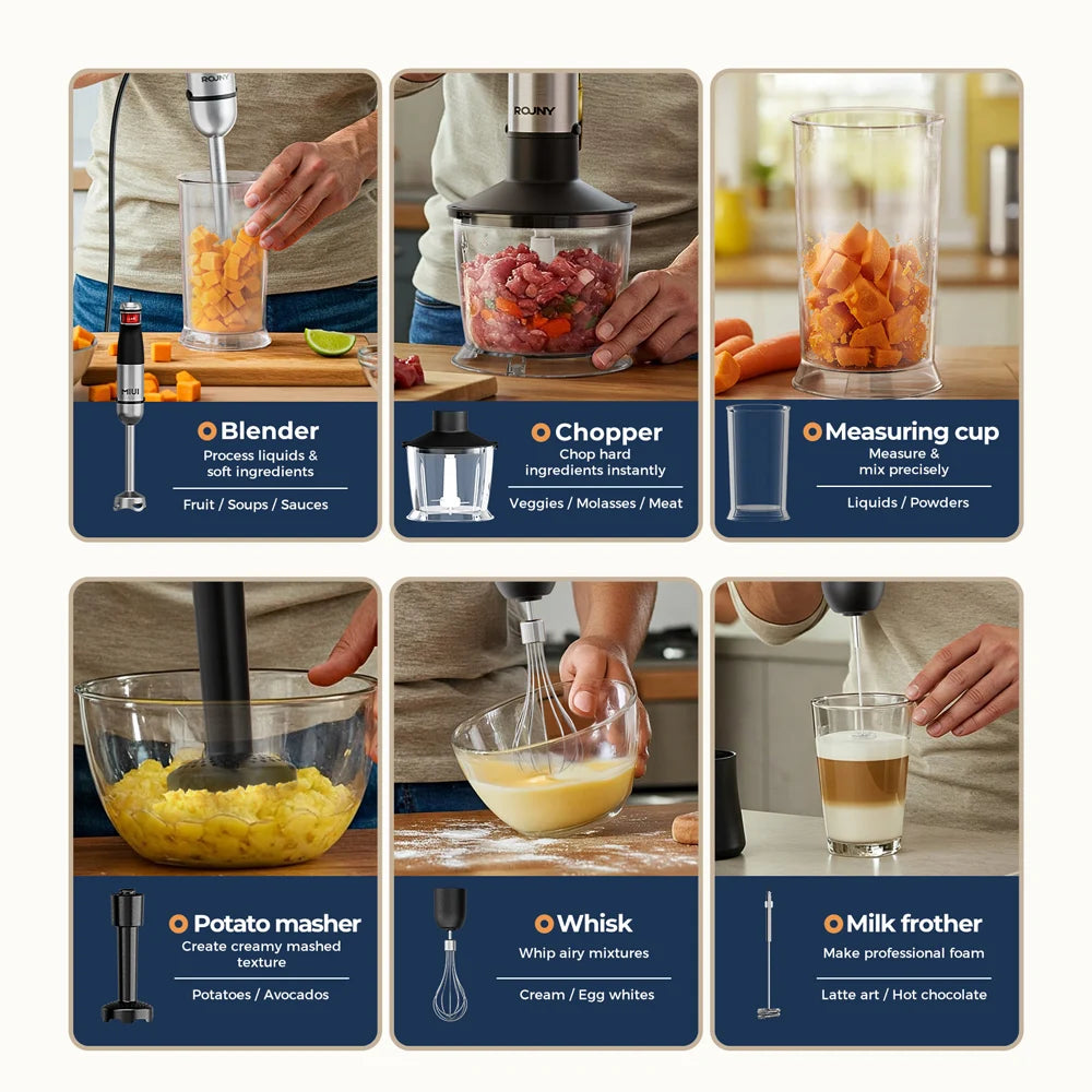 Electric Hand Held Stick Blender 6-in-1 Multi-Purpose Immersion Hand Blender,Stainless Steel Blades,Home & Kitchen,MAX 1500W.