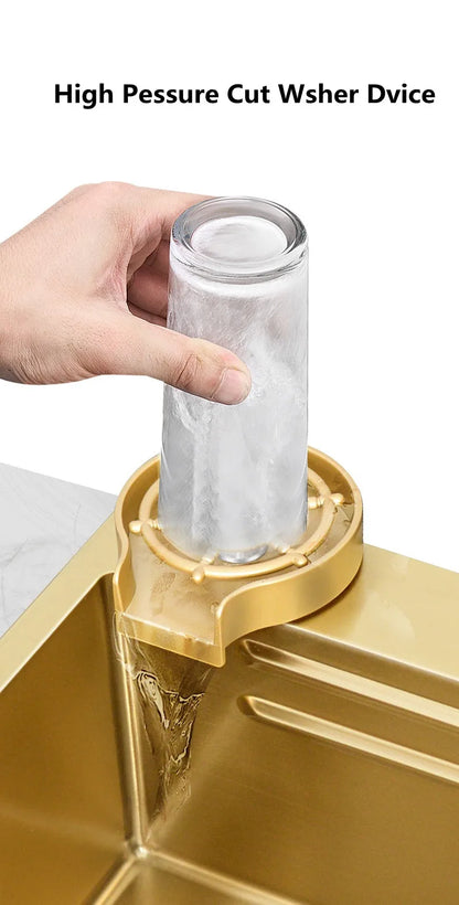 Wasserfall-Küchenspüle, Einzelschüssel, Küchenspülen, goldfarbenes Barspülbecken aus Edelstahl 304, mit Pull-Wasserhahn, Nano-Waschbecken für zu Hause ﻿