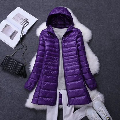 Damenmode, weiße Enten-Wodn-Pufferjacken mit Kapuze, 2025, Neuheiten, weiblich, X-lang, leicht, verstaubar, Daunenmäntel.