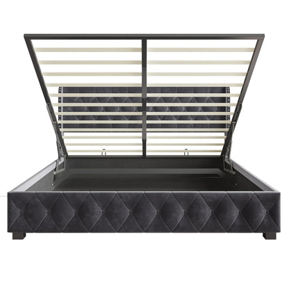 Rosahqnda Polsterbett 180 x 200 cm, hydraulisches Bett mit Aufbewahrungsfunktion, eleganter Bettrahmen im europäischen Stil, Erwachsene, Grau, Samt