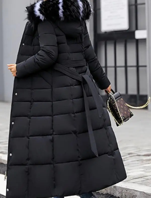 Neue Wintermode Langarm Pelzkragen Reißverschluss Einfarbig Slim Fit Lange Version Dicke Daunenjacke Mit Kapuze Für Frauen, 6 Farben.