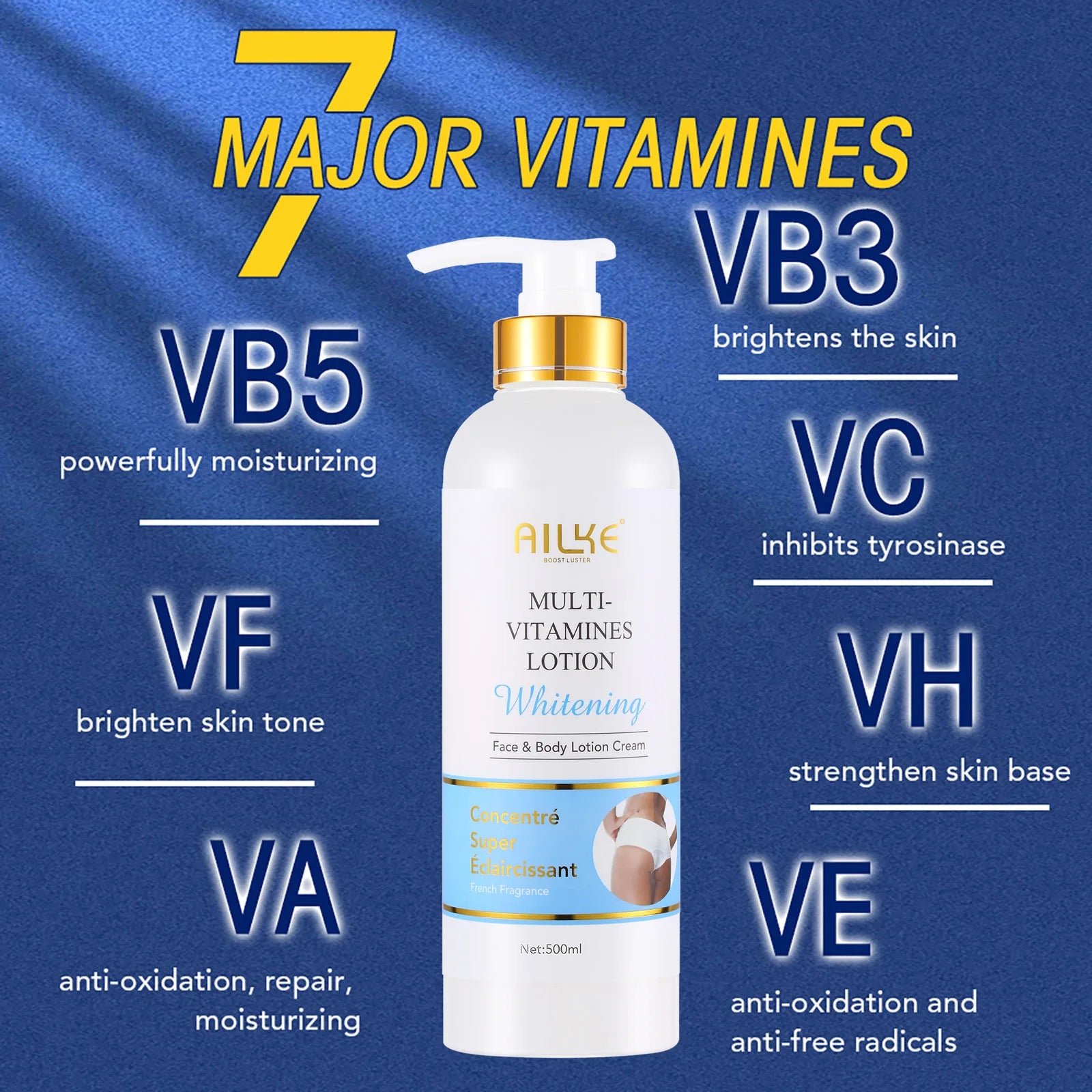 AILKE Multi Vitamin Whitening Body Lotion With Vitamins A,E,B3,B5, Increase Skin Radiance, Even Skin Tone, Moisturizer Cream.