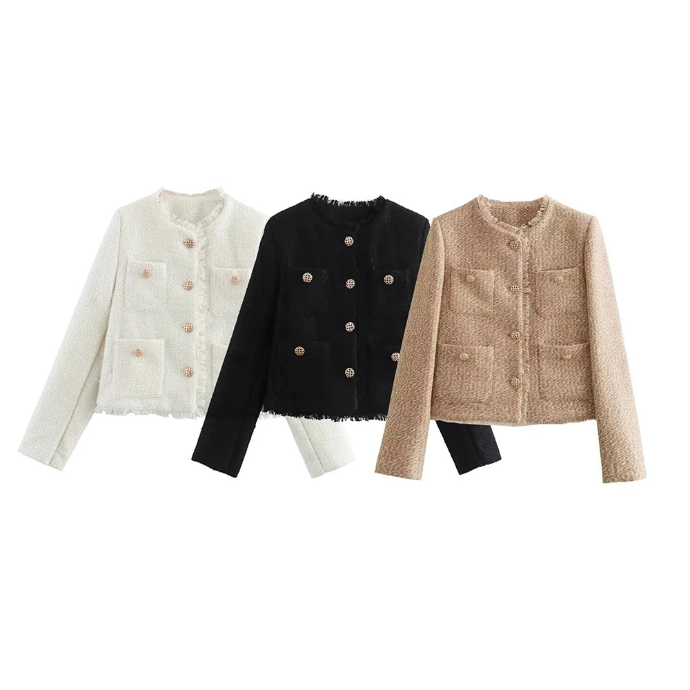 Women's Autumn and Winter Long Sleeve Short Jacket Fashion Solid Colour Front Pocket Button Jacket Elegant Casual Jacket.